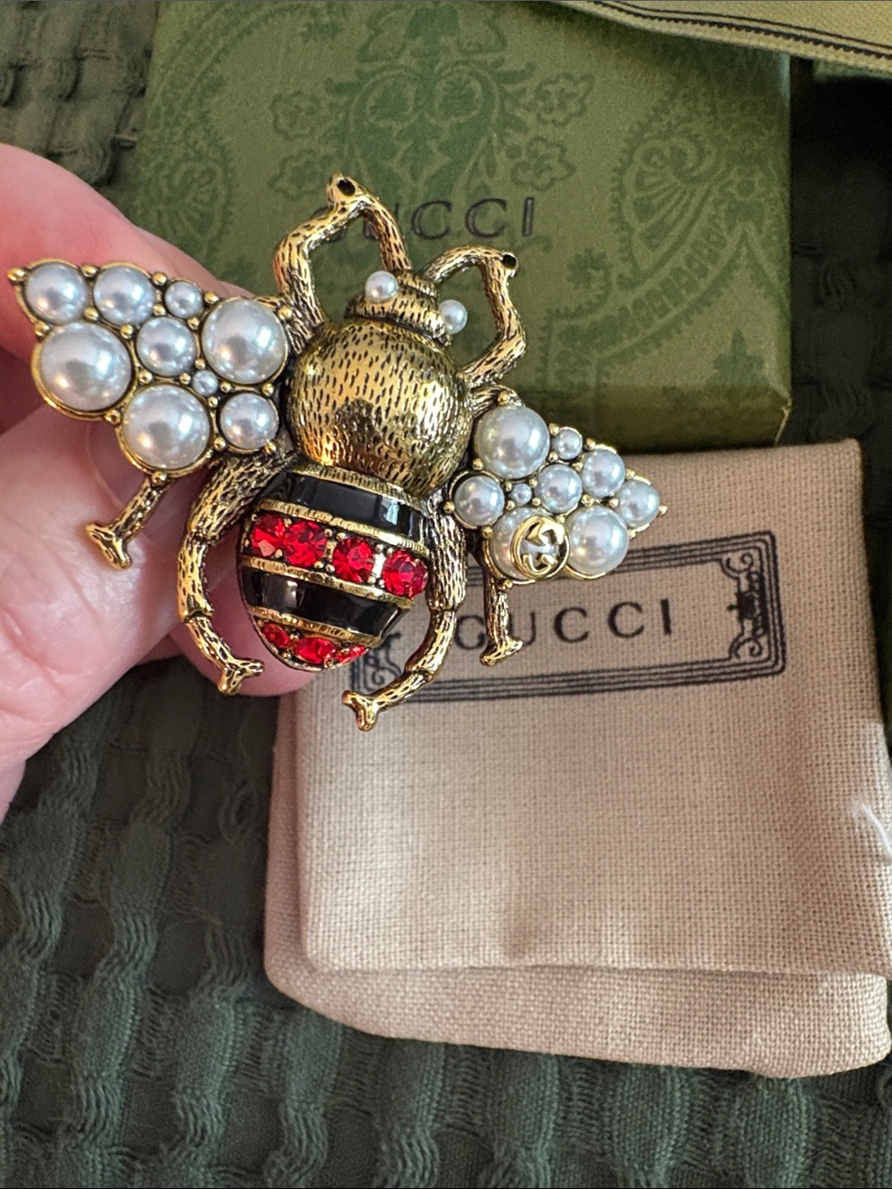 GUCCI Gold Bee Brooch with Red crystals and Black Enamel and Pearl Wings